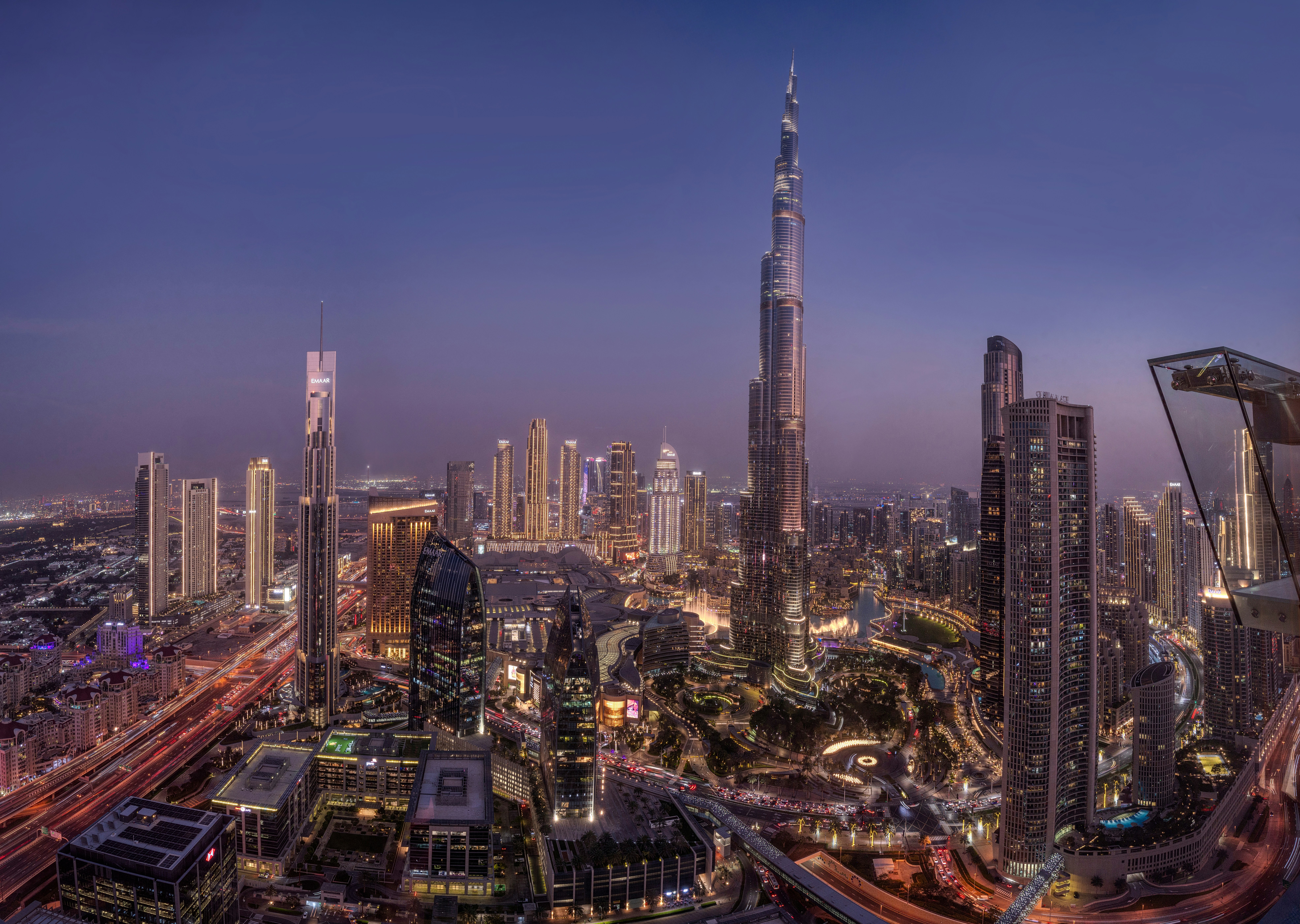 Dubai skyline with Burj Khalifa at dusk